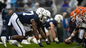 STATE COLLEGE, PA - OCTOBER 23: Arnold Ebiketie #17 of the Penn State Nittany Lions lines up against the Illinois Fighting Illini during the first half at Beaver Stadium on October 23, 2021 in State College, Pennsylvania. (Photo by Scott Taetsch/Getty Images)
