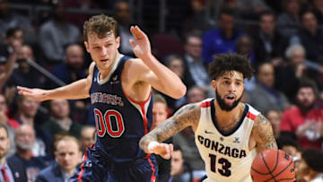 LAS VEGAS, NEVADA - MARCH 12: Josh Perkins #13 of the Gonzaga Bulldogs brings the ball up the court after stealing the ball from Tanner Krebs #00 of the Saint Mary's Gaels during the championship game of the West Coast Conference basketball tournament at the Orleans Arena on March 12, 2019 in Las Vegas, Nevada. The Gaels defeated the Bulldogs 60-47. (Photo by Ethan Miller/Getty Images)