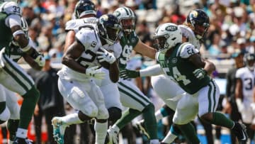 JACKSONVILLE, FL - SEPTEMBER 30: Jacksonville Jaguars running back Leonard Fournette (27) runs during the game between the New York Jets and the Jacksonville Jaguars on September 30, 2018 at TIAA Bank Field in Jacksonville, Fl. (Photo by David Rosenblum/Icon Sportswire via Getty Images)