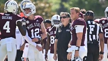 Sep 24, 2022; Starkville, Mississippi, USA; Mississippi State Bulldogs head coach Mike Leach stands with his players during the fourth quarter of the game against the Bowling Green Falcons at Davis Wade Stadium at Scott Field. Mandatory Credit: Matt Bush-USA TODAY Sports