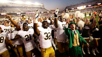 CHESTNUT HILL, MA - SEPTEMBER 16: The Notre Dame Fighting Irish sing their alma mater after defeating the Boston College Eagles 49-20 at Alumni Stadium on September 16, 2017 in Chestnut Hill, Massachusetts. (Photo by Maddie Meyer/Getty Images)