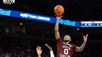 FAYETTEVILLE, ARKANSAS - JANUARY 18: James Reese V #0 of the South Carolina Gamecocks goes up for a shot against the Arkansas Razorbacks at Bud Walton Arena on January 18, 2022 in Fayetteville, Arkansas. The Razorbacks defeated the Gamecocks 75-59. (Photo by Wesley Hitt/Getty Images)