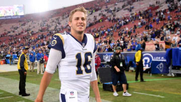 LOS ANGELES, CA - NOVEMBER 12: Jared Goff #16 of the Los Angeles Rams smiles as he walks off the field after a 33-7 win over the Houston Texans at Los Angeles Memorial Coliseum on November 12, 2017 in Los Angeles, California. (Photo by Harry How/Getty Images)
