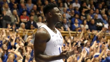 DURHAM, NORTH CAROLINA - JANUARY 26: Zion Williamson #1 of the Duke Blue Devils reacts after a play against the Georgia Tech Yellow Jackets at Cameron Indoor Stadium on January 26, 2019 in Durham, North Carolina. (Photo by Streeter Lecka/Getty Images)
