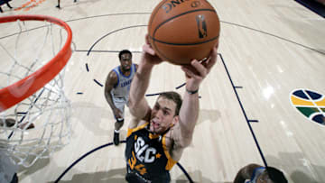SALT LAKE CITY, UT - NOVEMBER 06: Tyler Cavanaugh #34 of the Salt Lake City Stars goes up for the shot against the Texas Legends on November 06, 2018 at the vivint.SmartHome Arena in Salt Lake City, Utah. NOTE TO USER: User expressly acknowledges and agrees that, by downloading and or using this Photograph, User is consenting to the terms and conditions of the Getty Images License Agreement. Mandatory Copyright Notice: Copyright 2018 NBAE (Photo by Melissa Majchrzak/NBAE via Getty Images)
