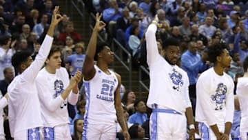 COLUMBUS, OHIO - MARCH 24: The North Carolina Tar Heels reacts to a play against the Washington Huskies during their game in the Second Round of the NCAA Basketball Tournament at Nationwide Arena on March 24, 2019 in Columbus, Ohio. (Photo by Gregory Shamus/Getty Images)