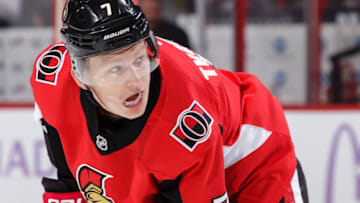 OTTAWA, ON - NOVEMBER 22: Brady Tkachuk #7 of the Ottawa Senators prepares for a faceoff during a game against the New York Rangers at Canadian Tire Centre on November 22, 2019 in Ottawa, Ontario, Canada. (Photo by Jana Chytilova/Freestyle Photography/Getty Images)