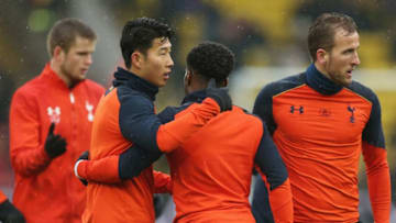 WATFORD, ENGLAND - JANUARY 01: Heung-Min Son and Danny Rose of Tottenham Hotspur embrace prior to the Premier League match between Watford and Tottenham Hotspur at Vicarage Road on January 1, 2017 in Watford, England. (Photo by Alex Morton/Getty Images)