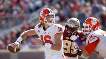 TALLAHASSEE, FL - OCTOBER 27: Trevor Lawrence #16 of the Clemson Tigers throws a pass in the second quarter of the game against the Florida State Seminoles at Doak Campbell Stadium on October 27, 2018 in Tallahassee, Florida. (Photo by Joe Robbins/Getty Images)