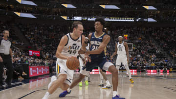 Bojan Bogdanovic #44 of the Utah Jazz drives the ball past Trey Marshall III #25 of the New Orleans Pelicans. (Photo by Chris Gardner/Getty Images)