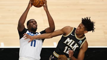 Naz Reid of the Minnesota Timberwolves grabs a rebound as he draws a foul. (Photo by Kevin C. Cox/Getty Images)