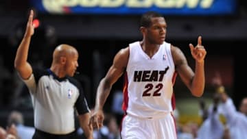 Apr 20, 2014; Miami, FL, USA; Miami Heat forward James Jones (22) reacts after making a three point basket against the Charlotte Bobcats during the second half in game one during the first round of the 2014 NBA Playoffs at American Airlines Arena. The Heat won 99-88. Mandatory Credit: Steve Mitchell-USA TODAY Sports