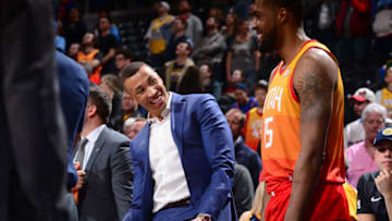 DENVER, CO - FEBRUARY 28: Dante Exum #11 and Derrick Favors #15 of the Utah Jazz talk during the game against the Denver Nuggets on February 28, 2019 at the Pepsi Center in Denver, Colorado. Copyright 2019 NBAE (Photo by Bart Young/NBAE via Getty Images)