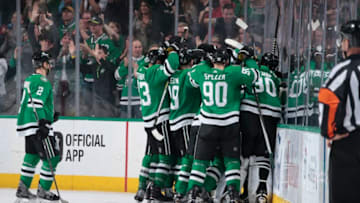 DALLAS, TX - MARCH 3: Jason Spezza #90, Ben Bishop #30, Dan Hamhuis #2 and the Dallas Stars celebrate a win against the St. Louis Blues at the American Airlines Center on March 3, 2018 in Dallas, Texas. (Photo by Glenn James/NHLI via Getty Images)