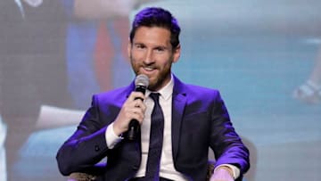 BEIJING, CHINA - JUNE 01: FC Barcelona's striker Lionel Messi speaks during a news conference at China World Trade Center Grand Hotel on June 1, 2017 in Beijing, China. Messi arrived in China to attend an event related to the Messi soccer Eco Experience Pavilion. The park is to be build in Nanjing and will be the largest theme park in the world. (Photo by Lintao Zhang/Getty Images)