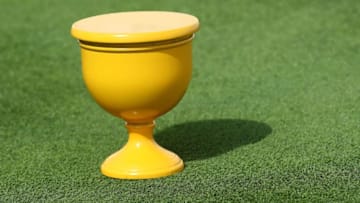 JERSEY CITY, NJ - SEPTEMBER 26: A tee marker as seen during a practice round prior to the Presidents Cup on September 26, 2017 at Liberty National Golf Club in Jersey City, New Jersey. (Photo by Sam Greenwood/Getty Images)