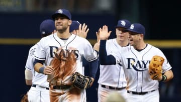 Apr 12, 2016; St. Petersburg, FL, USA; Tampa Bay Rays center fielder Kevin Kiermaier (39) and Tampa Bay Rays third baseman Evan Longoria (3) congratulate each other as they beat the Cleveland Indians at Tropicana Field. Tampa Bay Rays defeated the Cleveland Indians 5-1. Mandatory Credit: Kim Klement-USA TODAY Sports