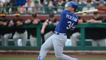 Mar 6, 2016; Scottsdale, AZ, USA; Los Angeles Dodgers center fielder Joc Pederson (31) swings the bat during the first inning against the San Francisco Giants at Scottsdale Stadium. Mandatory Credit: Joe Camporeale-USA TODAY Sports