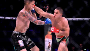 INGLEWOOD, CA - JANUARY 20: Aaron Pico (red gloves) defeated Shane Kruchten (blue gloves) by knockout in the first round of their during their Featherweight fight at Bellator 192 at The Forum on January 20, 2018 in Inglewood, California. (Photo by Jayne Kamin-Oncea/Getty Images)