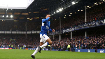 LIVERPOOL, ENGLAND - MARCH 11: Dwight McNeil of Everton celebrates after scoring the team's first goal during the Premier League match between Everton FC and Brentford FC at Goodison Park on March 11, 2023 in Liverpool, England. (Photo by Naomi Baker/Getty Images)