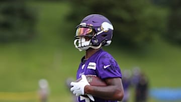 Jun 15, 2016; Minneapolis, MN, USA; Minnesota Vikings wide receiver Stefon Diggs (14) runs after the catch during mini camp. Mandatory Credit: Brad Rempel-USA TODAY Sports