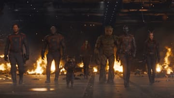 (L-R): Chris Pratt as Peter Quill/Star-Lord, Dave Bautista as Drax, Rocket (voiced by Bradley Cooper), Zoe Saldana as Gamora, Groot (voiced by Vin Diesel), Karen Gillan as Nebula, and Pom Klementieff as Mantis in Marvel Studios' Guardians of the Galaxy Vol. 3. Photo courtesy of Marvel Studios. © 2023 MARVEL.