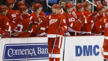Oct 9, 2014; Detroit, MI, USA; Detroit Red Wings left wing Johan Franzen (93) receives congratulations from teammates after scoring in the second period against the Boston Bruins at Joe Louis Arena. Mandatory Credit: Rick Osentoski-USA TODAY Sports