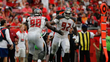 Sep 25, 2016; Tampa, FL, USA; Tampa Bay Buccaneers defensive end William Gholston (92) and defensive tackle Clinton McDonald (98) congratulate each other against the Los Angeles Rams during the second half at Raymond James Stadium. Mandatory Credit: Kim Klement-USA TODAY Sports