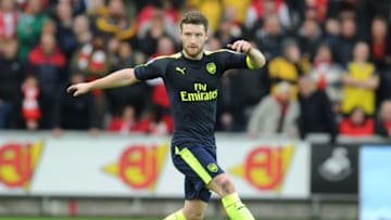 SWANSEA, WALES - JANUARY 14: Shkodran Mustafi of Arsenal during the Premier League match between Swansea City and Arsenal at Liberty Stadium on January 14, 2017 in Swansea, Wales. (Photo by Stuart MacFarlane/Arsenal FC via Getty Images)