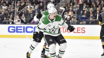 LAS VEGAS, NV - NOVEMBER 28: Radek Faksa #12 of the Dallas Stars celebrates after scoring a goal against the Vegas Golden Knights during the game at T-Mobile Arena on November 28, 2017 in Las Vegas, Nevada. (Photo by Jeff Bottari/NHLI via Getty Images)