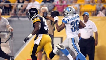 Aug 12, 2016; Pittsburgh, PA, USA; Detroit Lions running back Dwayne Washington (36) returns a kick-off ninety-six yards for a touchdown against the Pittsburgh Steelers during the fourth quarter at Heinz Field. The Detroit Lions won 30-17. Mandatory Credit: Charles LeClaire-USA TODAY Sports