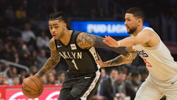 LOS ANGELES, CA - MARCH 04: Brooklyn Nets Guard D'Angelo Russell (1) drives the ball against Los Angeles Clippers Guard Austin Rivers (25) during the game between the Brooklyn Nets and the L.A. Clippers on March 04, 2018, at STAPLES Center in Los Angeles, CA. (Photo by David Dennis/Icon Sportswire via Getty Images)