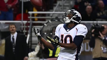 Nov 16, 2014; St. Louis, MO, USA; Denver Broncos wide receiver Emmanuel Sanders (10) catches the ball to score a touchdown against the St. Louis Rams during the first half at the Edward Jones Dome. Mandatory Credit: Jasen Vinlove-USA TODAY Sports