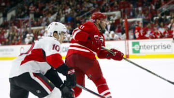 Nov 7, 2015; Raleigh, NC, USA; Carolina Hurricanes forward Jordan Staal (11) scores the game winner in overtime against the Ottawa Senators at PNC Arena. The Carolina Hurricanes defeated the Ottawa Senators 3-2 in overtime. Mandatory Credit: James Guillory-USA TODAY Sports