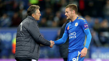 LEICESTER, ENGLAND - OCTOBER 29: Jamie Vardy of Leicester City is substituted by Manager Claude Puel of Leicester City during the Premier League match between Leicester City and Everton at The King Power Stadium on October 29th, 2017 in Leicester, United Kingdom (Photo by Plumb Images/Leicester City FC via Getty Images)