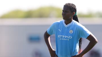 MANCHESTER, ENGLAND - MAY 27: Khadija Shaw of Manchester City during the FA Women's Super League match between Manchester City and Everton FC at The Academy Stadium on May 27, 2023 in Manchester, England. (Photo by James Gill - Danehouse/Getty Images)