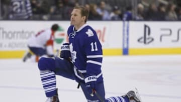 Feb 17, 2015; Toronto, Ontario, CAN; Toronto Maple Leafs forward Olli Jokinen (11) during the pregame warm-up against the Florida Panthers at the Air Canada Centre. Mandatory Credit: John E. Sokolowski-USA TODAY Sports