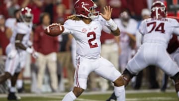 Oct 8, 2016; Fayetteville, AR, USA; Alabama Crimson Tide quarterback Jalen Hurts (2) gets ready to throw during the second quarter against the Arkansas Razorbacks at Donald W. Reynolds Razorback Stadium. Mandatory Credit: Brett Rojo-USA TODAY Sports