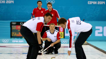 SOCHI, RUSSIA - FEBRUARY 17: John Landsteiner, Jeff Isaacson and Jared Zezel of the USA compete against Switzerland during the Men's Curling Round Robin on day ten of the Sochi 2014 Winter Olympics at Ice Cube Curling Center on February 17, 2014 in Sochi, Russia. (Photo by Streeter Lecka/Getty Images)