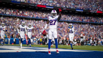 ORCHARD PARK, NY - SEPTEMBER 22: Tre'Davious White #27 of the Buffalo Bills celebrates making the game clinching interception in the final seconds of the fourth quarter against the Cincinnati Bengals at New Era Field on September 22, 2019 in Orchard Park, New York. Buffalo defeats Cincinnati 21-17. (Photo by Brett Carlsen/Getty Images)