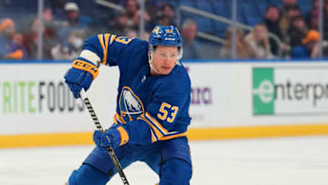 BUFFALO, NY - FEBRUARY 17: Jeff Skinner #53 of the Buffalo Sabres skates up ice with the puck against the Ottawa Senators during the first period at KeyBank Center on February 17, 2022 in Buffalo, New York. (Photo by Kevin Hoffman/Getty Images)