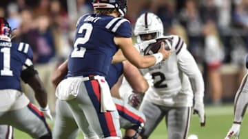 Ole Miss QB Jaxson Dart (2) receives the snap in the 2022 Egg Bowl at Ole Miss' Vaught-Hemingway Stadium in Oxford, Miss., Thursday, November 24, 2022.Ejs 3387