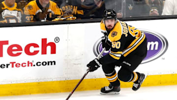 BOSTON, MA - JUNE 12: Boston Bruins left wing Marcus Johansson (90) looks to pass during Game 7 of the Stanley Cup Final between the Boston Bruins and the St. Louis Blues on June 12, 2019, at TD Garden in Boston, Massachusetts. (Photo by Fred Kfoury III/Icon Sportswire via Getty Images)