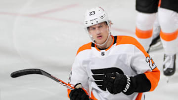 NEWARK, NEW JERSEY - APRIL 27: Oskar Lindblom #23 of the Philadelphia Flyers celebrates his goal in the second period against the New Jersey Devils at Prudential Center on April 27, 2021 in Newark, New Jersey. (Photo by Elsa/Getty Images)