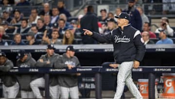 NEW YORK, NY - OCTOBER 03: Manager Joe Girardi #28 of the New York Yankees looks on against the Minnesota Twins during the American League Wild Card Game at Yankee Stadium on October 3, 2017 in the Bronx borough of New York City. (Photo by Brace Hemmelgarn/Minnesota Twins/Getty Images)*** Local Caption *** Joe Girardi