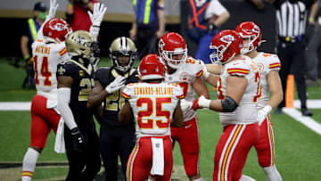 NEW ORLEANS, LOUISIANA - DECEMBER 20: Travis Kelce #87 of the Kansas City Chiefs celebrates his touchdown against the New Orleans Saints during the second quarter in the game at Mercedes-Benz Superdome on December 20, 2020 in New Orleans, Louisiana. (Photo by Chris Graythen/Getty Images)