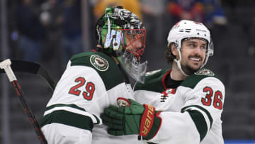 Minnesota Wild goalie Marc-Andre Fleury celebrates with Mats Zuccarello after the Wild beat St. Louis in Game 3 of a first-round playoff series on Friday. The series continues on Sunday(Jeff Le-USA TODAY Sports