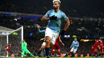 MANCHESTER, ENGLAND - JANUARY 03: Sergio Aguero of Manchester City celebrates after scoring his team's first goal during the Premier League match between Manchester City and Liverpool FC at the Etihad Stadium on January 3, 2019 in Manchester, United Kingdom. (Photo by Clive Brunskill/Getty Images)