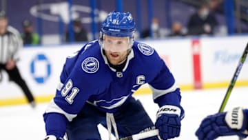 May 22, 2021; Tampa, Florida, USA; Tampa Bay Lightning center Steven Stamkos (91) against the Florida Panthers during the first period in game four of the first round of the 2021 Stanley Cup Playoffs at Amalie Arena. Mandatory Credit: Kim Klement-USA TODAY Sports