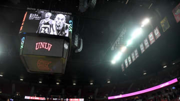 LAS VEGAS, NEVADA - JANUARY 26: The scoreboard at the Thomas & Mack Center displays a tribute to former NBA player Kobe Bryant before a basketball game between the San Diego State Aztecs and the UNLV Rebels on January 26, 2020 in Las Vegas, Nevada. Bryant and his 13-year-old daughter Gianna were among the five killed in a helicopter crash earlier in the day. (Photo by Ethan Miller/Getty Images)